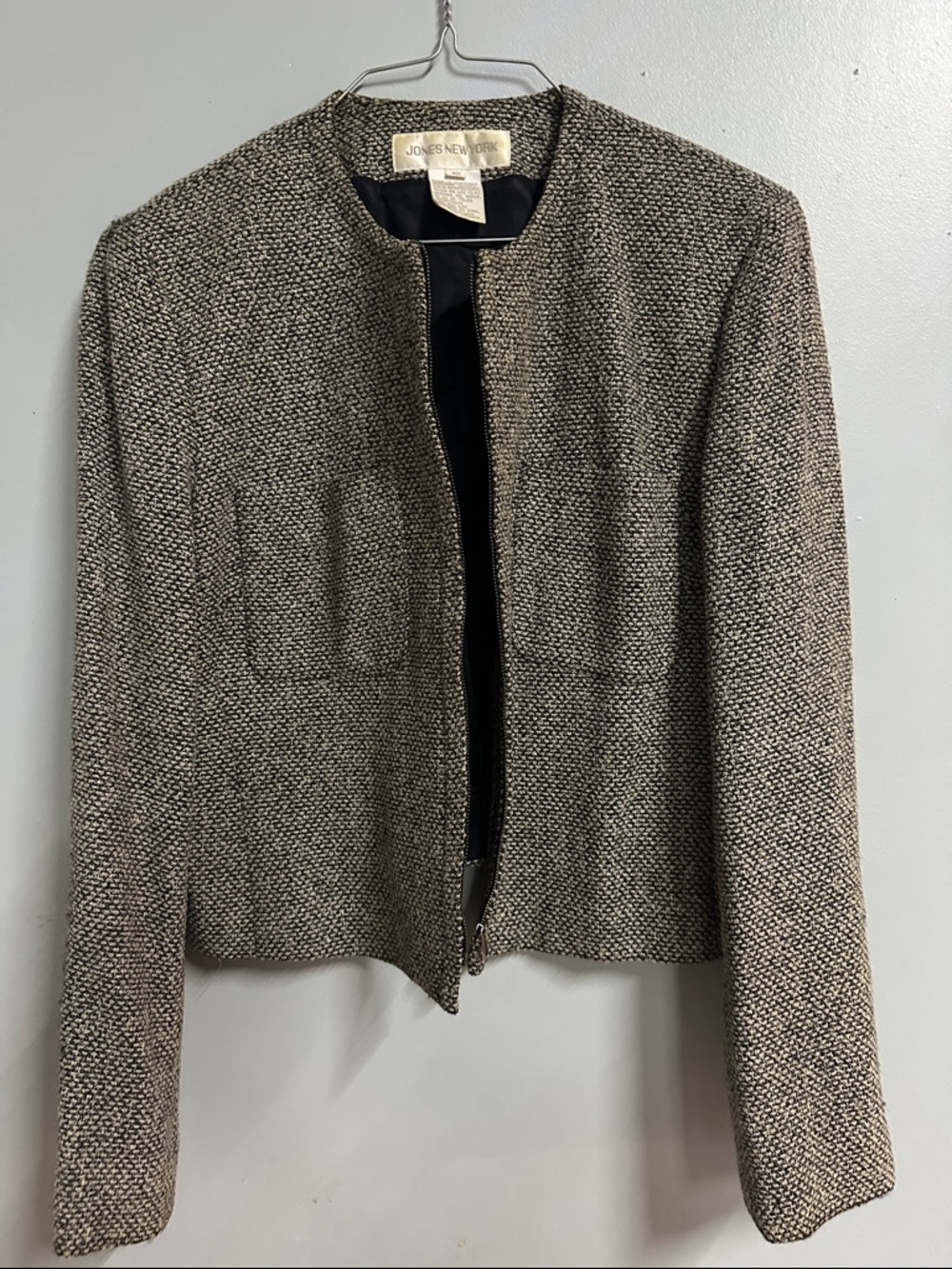 Jones New York Black and White Tweed Collarless Zip Jacket